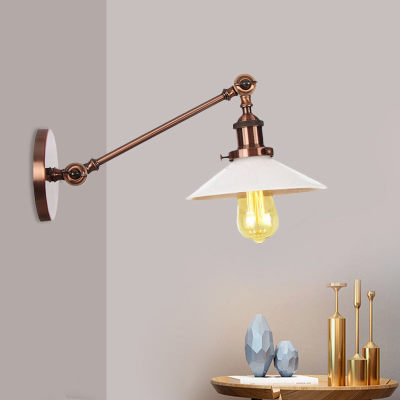 Industrial Conical Sconce Light With Opal Glass - Black/Bronze/Brass Finish Arm Mount 8/12 L Copper