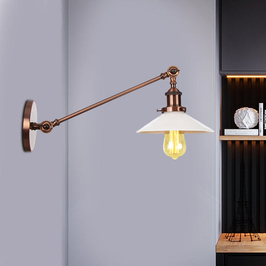 Industrial Conical Sconce Light With Opal Glass - Black/Bronze/Brass Finish Arm Mount 8/12 L Copper