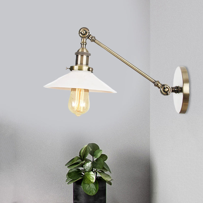 Industrial Conical Sconce Light With Opal Glass - Black/Bronze/Brass Finish Arm Mount 8/12 L Bronze
