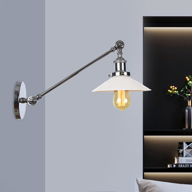 Industrial Conical Sconce Light With Opal Glass - Black/Bronze/Brass Finish Arm Mount 8/12 L Chrome
