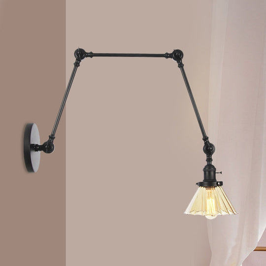 Industrial Cone Wall Light With Clear/Amber Glass And Arm - Black/Bronze/Brass (8+8/8+8+8) Black /