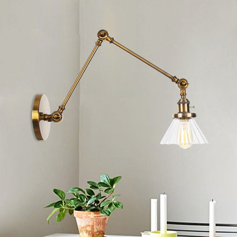 Industrial Cone Wall Light With Clear/Amber Glass And Arm - Black/Bronze/Brass (8+8/8+8+8) Brass /