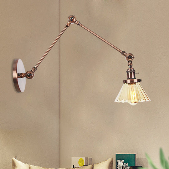 Industrial Cone Wall Light With Clear/Amber Glass And Arm - Black/Bronze/Brass (8+8/8+8+8) Copper /