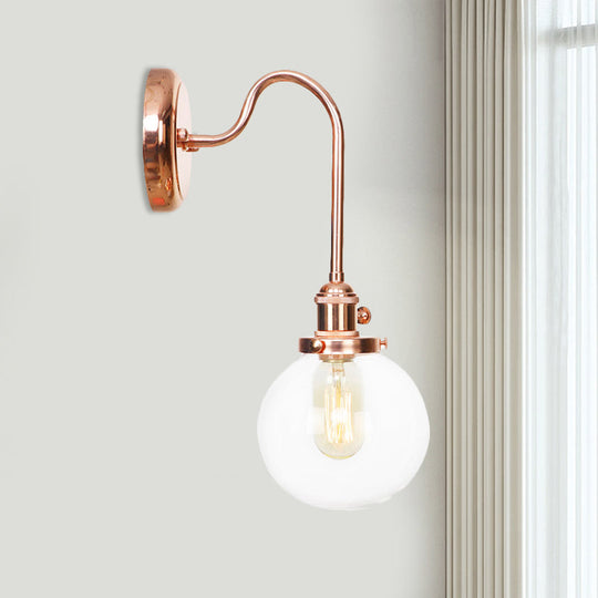 Copper Vintage Globe Wall Sconce With Curved Arm And Clear/Amber Glass - 1 Light Clear / A