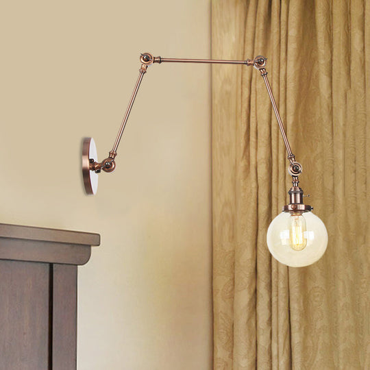 Vintage Chrome/Copper/Bronze Orb Wall Sconce Lamp - Clear/Amber Glass Adjustable Arm 1 Light Ideal