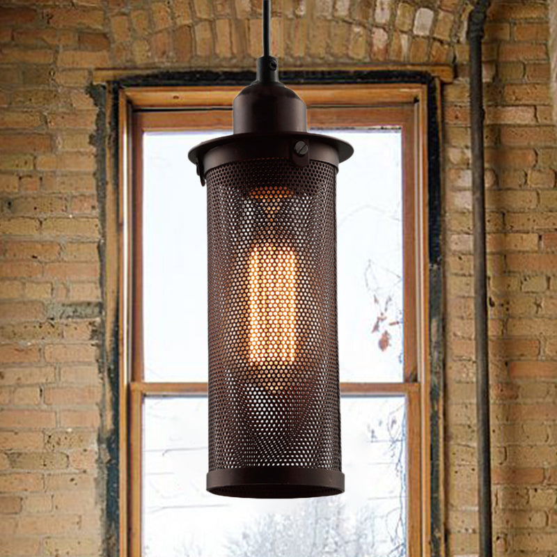 Industrial Metal Hanging Pendant Lamp With Mesh Cage Shade - Black/Rust Finish Rust