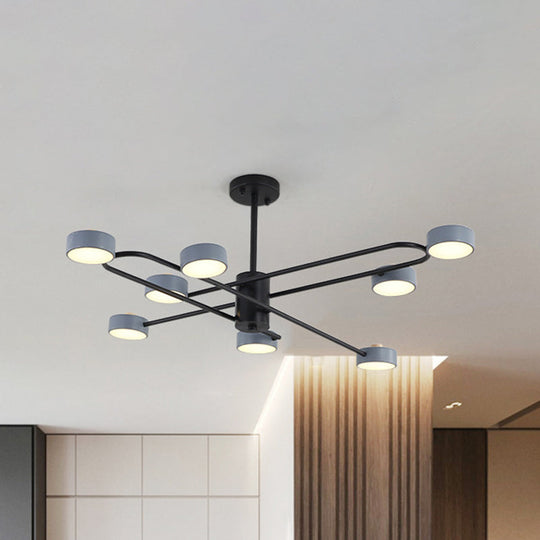 Minimalist Grey Living Room Chandelier with Drum Iron Shade - 8 Heads Ceiling Pendant Light