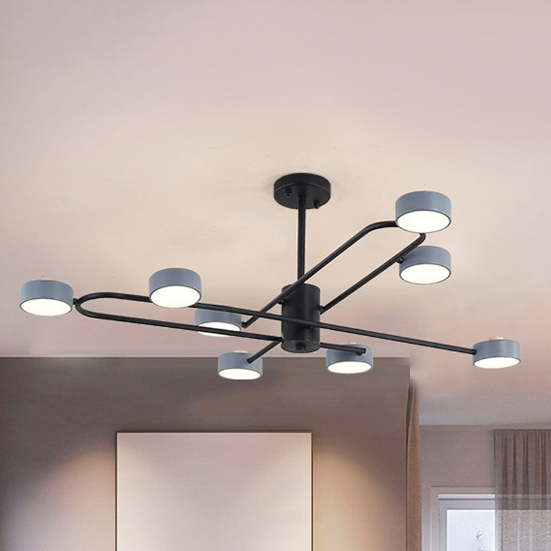 Minimalist Grey Living Room Chandelier with Drum Iron Shade - 8 Heads Ceiling Pendant Light