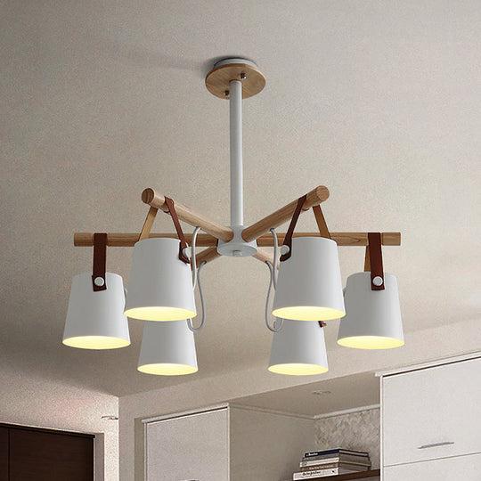 White Metal Chandelier: Barrel Living Room Pendant Lamp with Leather Strap - 6 Lights