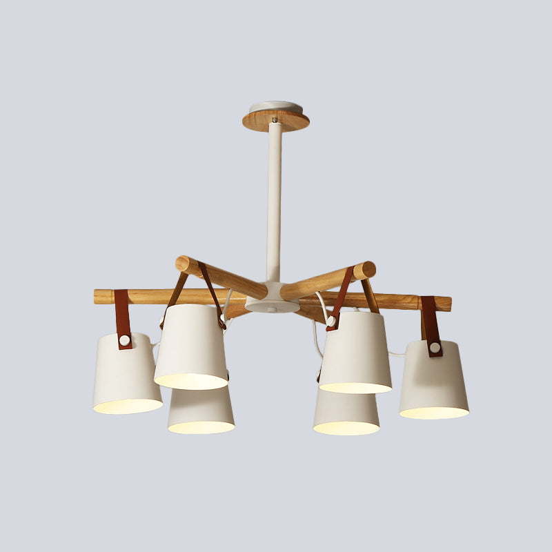 White Metal Chandelier: Barrel Living Room Pendant Lamp with Leather Strap - 6 Lights