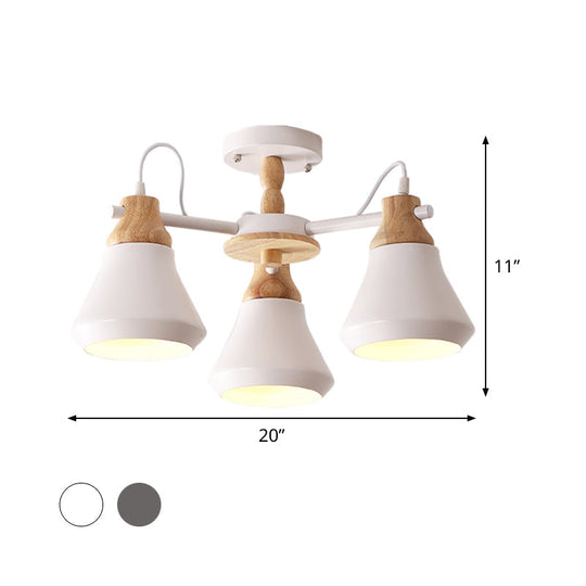 Modern Metal Cone Dining Room Flush Mount Lamp With 3 Heads - White/Grey