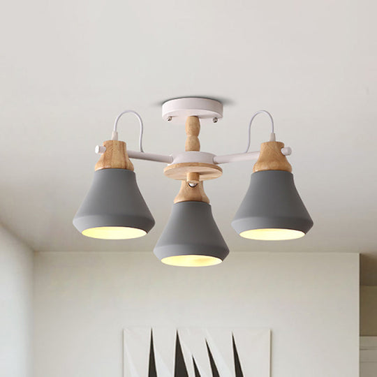 Modern Metal 3-Head Cone Flush Mount Lighting for Dining Room - Sleek Radial Semi Flush Lamp in White/Grey