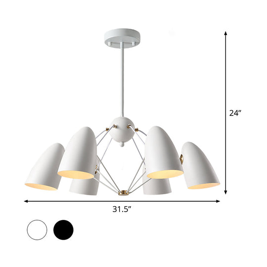 Contemporary 6-Light Downward Metal Shade Chandelier in White/Black Finish - Bullet Ceiling Fixture