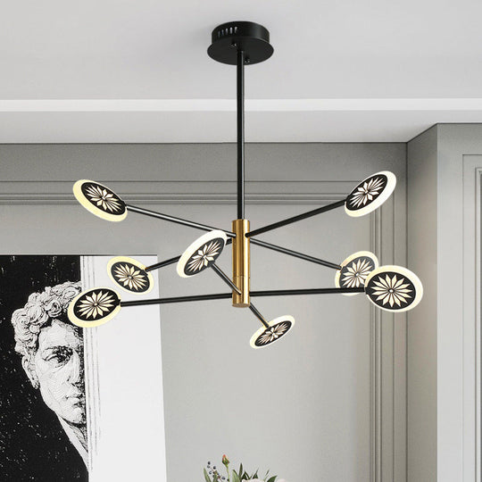 Modern Round Pendant Chandelier Lighting with Metallic Finish - 6/8 Lights, Linear Design - Black