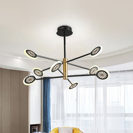 Modern Round Pendant Chandelier Lighting with Metallic Finish - 6/8 Lights, Linear Design - Black