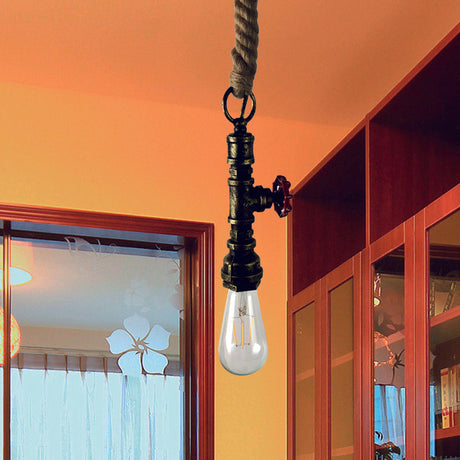 Vintage 1-Bulb Pipe & Valve Pendant Light Bar Lamp - Black/Silver/Copper With Rope Cord Gold