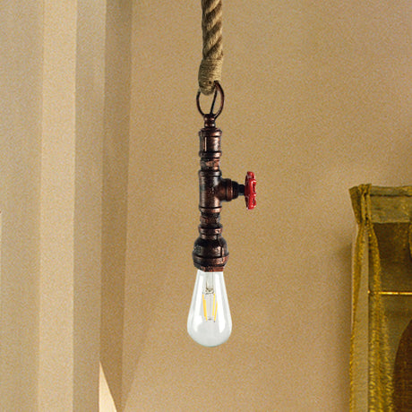 Vintage 1-Bulb Pipe & Valve Pendant Light Bar Lamp - Black/Silver/Copper With Rope Cord Copper