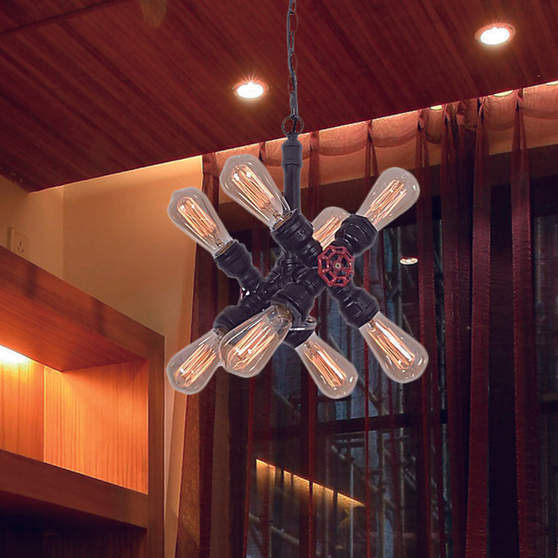 Farmhouse Cross Pipe Pendant Chandelier - 8-Light Metal Ceiling Lamp In Black For Living Room