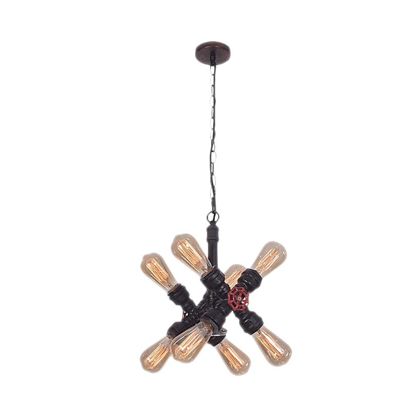Farmhouse Cross Pipe Pendant Chandelier - 8-Light Metal Ceiling Lamp In Black For Living Room
