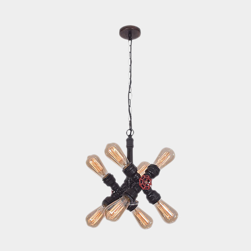 Farmhouse Cross Pipe Pendant Chandelier - 8-Light Metal Ceiling Lamp in Black for Living Room