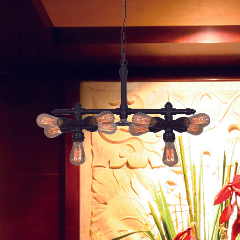 Industrial 10-Head Metallic Black Pipe Chandelier Ceiling Pendant For Living Room