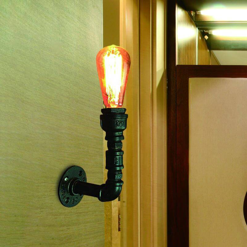 Vintage Black Iron Pipe Lamp: Corner Wall Mount Bare Bulb Light Fixture
