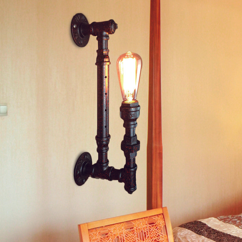 Black Finish Industrial Iron Wall Sconce Light Fixture - 1-Bulb Pencil Pipe Arm Lamp For Bar