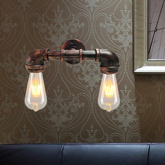 Farmhouse Metal Sconce Light With 2-Head Bare Bulbs In Black/Rust Finish