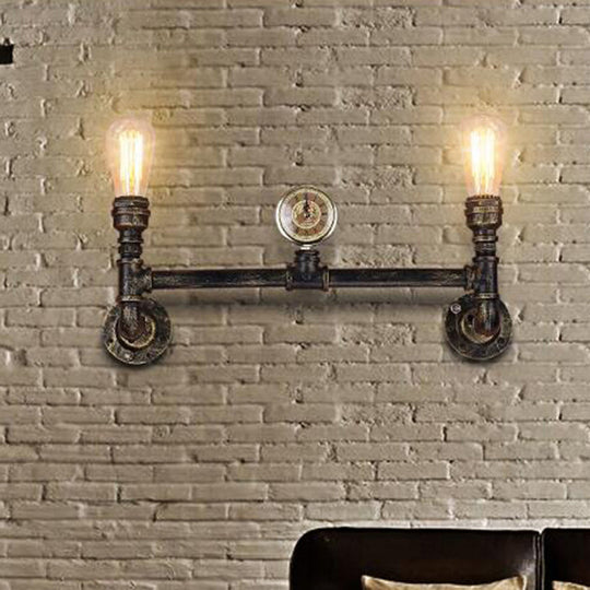 Bare Bulb 2-Head Wall Mount Sconce With Antiqued Iron Bronze Finish And Gauge Deco Lighting