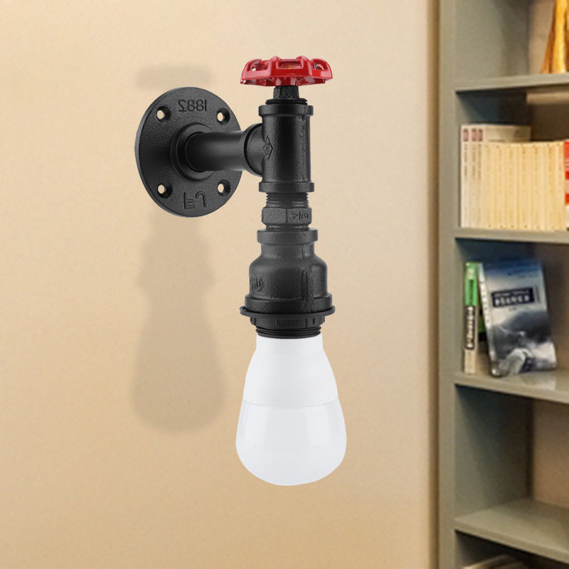 Farmhouse Wall Sconce: Black Iron Piping With Red Valve Deco For Corner - 1 Bulb Mount Lighting