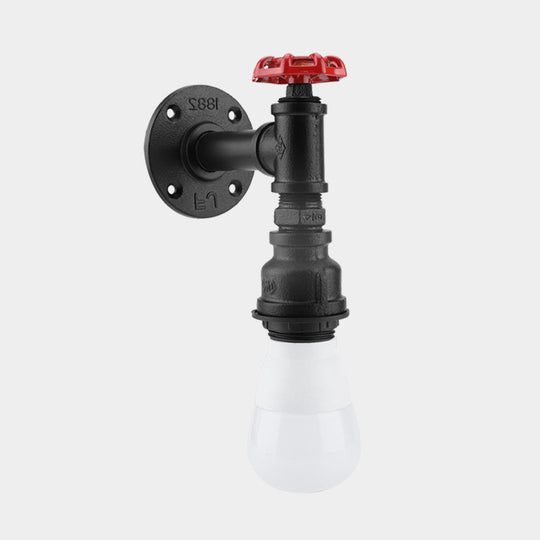 Farmhouse Wall Sconce: Black Iron Piping With Red Valve Deco For Corner - 1 Bulb Mount Lighting