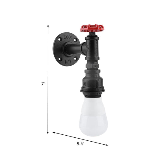 Farmhouse Wall Sconce: Black Iron Piping With Red Valve Deco For Corner - 1 Bulb Mount Lighting