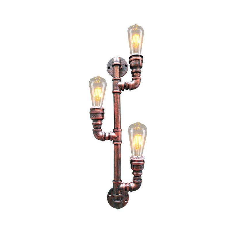 Vintage Metal Rust Finish Sconce Lighting With 3 Branch Heads - Wall Mount Pipe Lamp For Corners