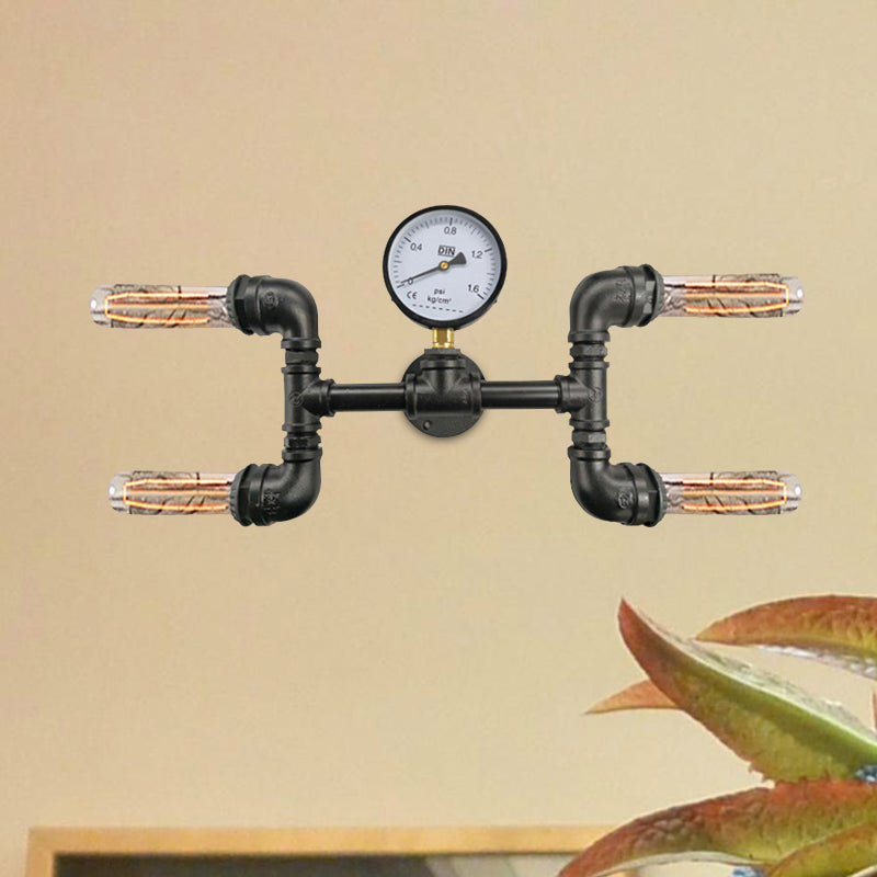 Farmhouse Black Iron Wall Mount Sconce With 4-Bulb H-Shape Design And Gauge Deco