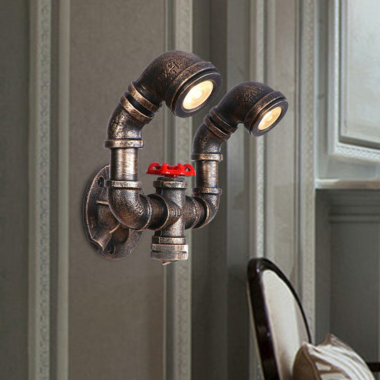 Farmhouse Water Pipe Iron Wall Lamp In Bronze With Red Valve Deco - 1/2-Bulb Sconce Light Fixture 2