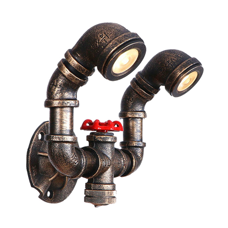 Farmhouse Water Pipe Iron Wall Lamp In Bronze With Red Valve Deco - 1/2-Bulb Sconce Light Fixture