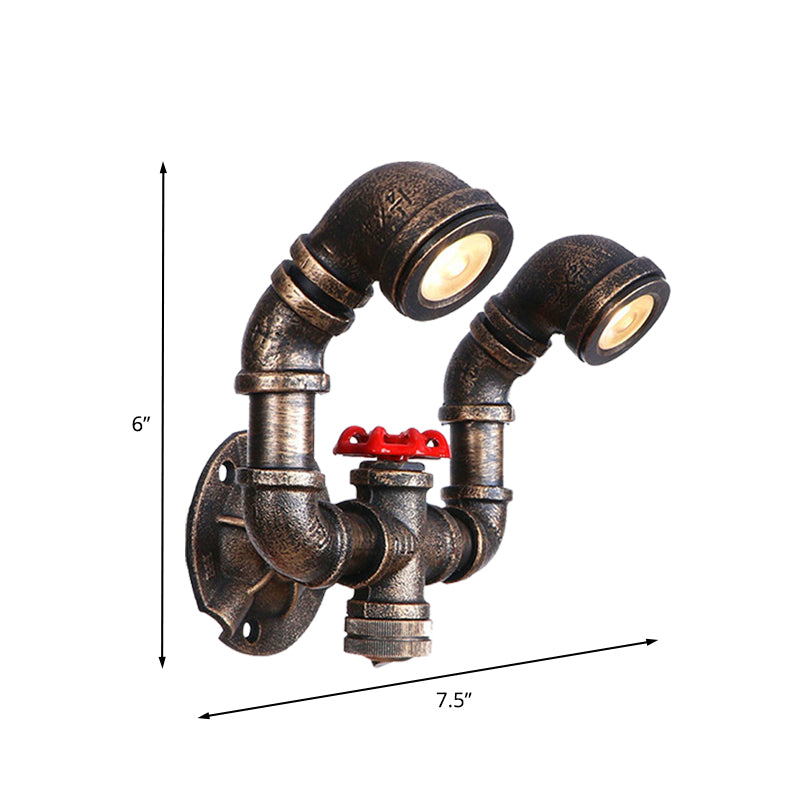 Farmhouse Water Pipe Iron Wall Lamp In Bronze With Red Valve Deco - 1/2-Bulb Sconce Light Fixture