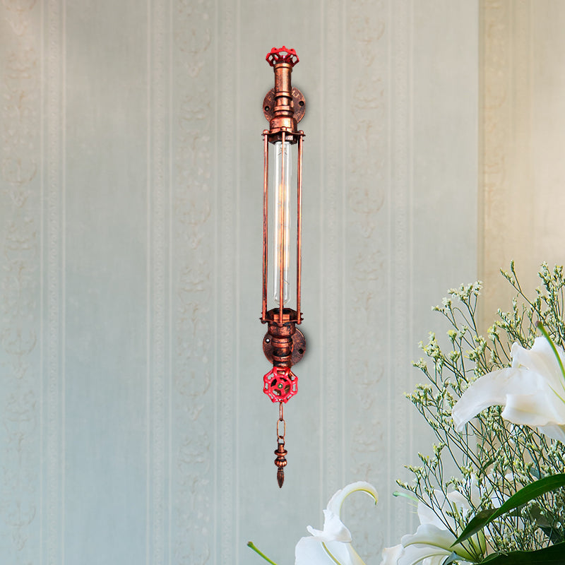 Rustic Black/Copper Tubular Sconce Wall Light With 2-Valve Deco And Chain Copper