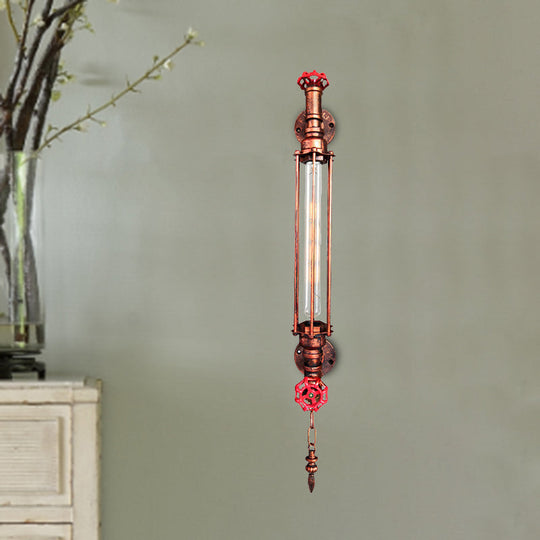 Rustic Black/Copper Tubular Sconce Wall Light With 2-Valve Deco And Chain