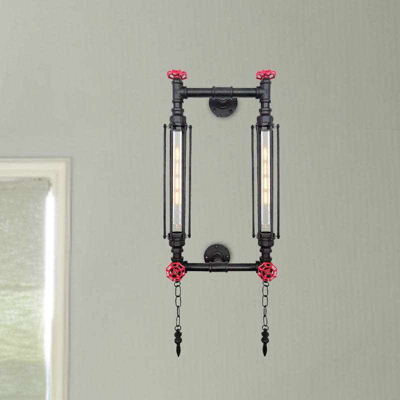 Antiqued Metal Rectangle Frame Wall Lamp Sconce - 2 Lights Black/Copper Black