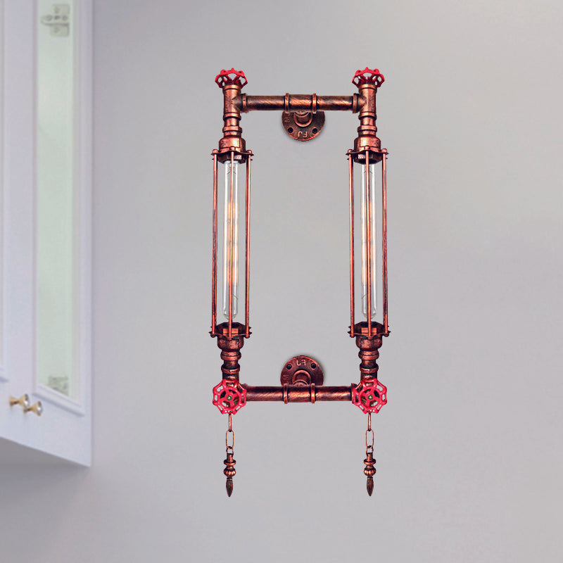 Antiqued Metal Rectangle Frame Wall Lamp Sconce - 2 Lights Black/Copper Copper