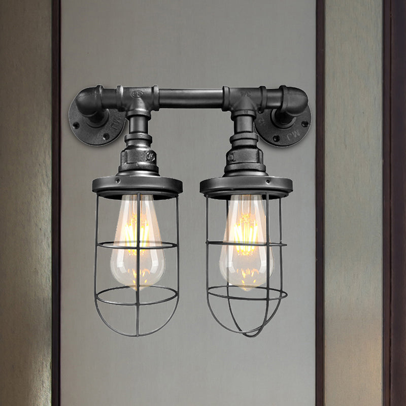Farmhouse Wire Cage Sconce Light Fixture With 2 Bulbs - Coffee Shop Wall Mount Pipe Lamp In