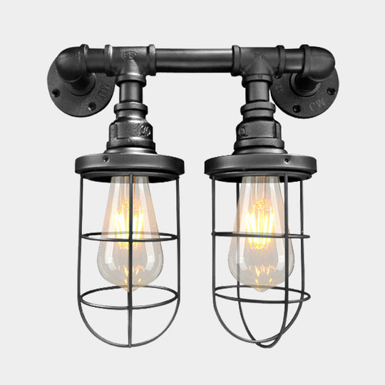 Farmhouse Wire Cage Sconce Light Fixture With 2 Bulbs - Coffee Shop Wall Mount Pipe Lamp In