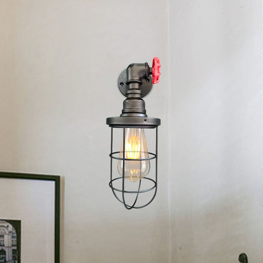 1-Light Industrial Wall Sconce With Cage Metallic Shade In Black/Rust For Corridors Black