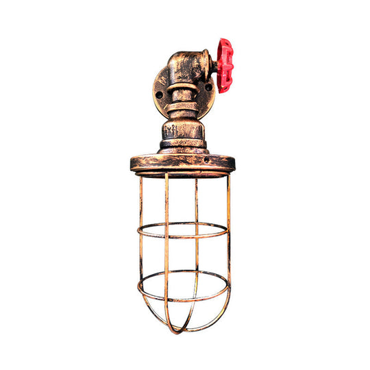 1-Light Industrial Wall Sconce With Cage Metallic Shade In Black/Rust For Corridors