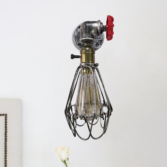 Vintage Metal Wall Lamp With Valve Deco - Conical Cage Sconce Light Fixture Silver