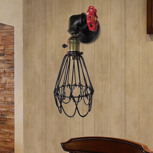 Vintage Metal Wall Lamp With Valve Deco - Conical Cage Sconce Light Fixture Black