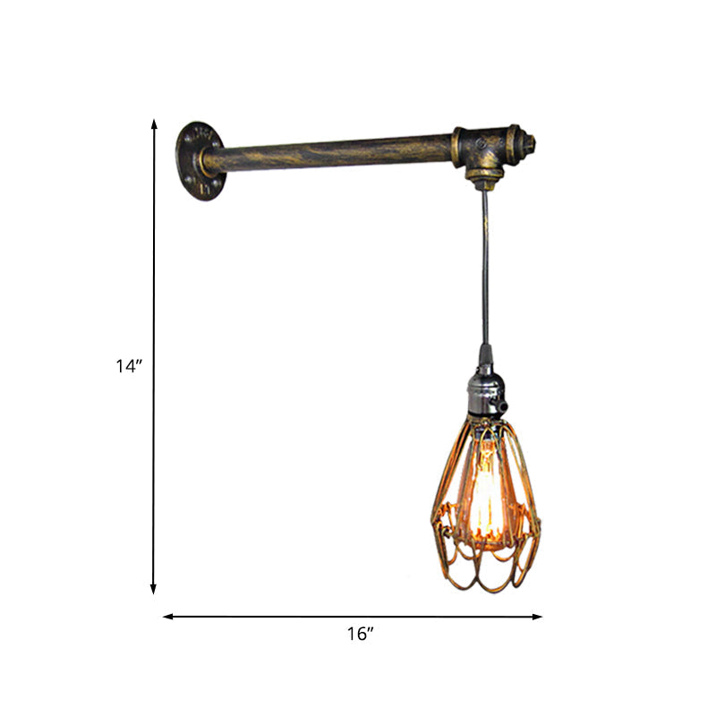 Brass Metal Caged Wall Sconce Lamp - Industrial Pipe Light For Restaurants 1 Bulb Mount