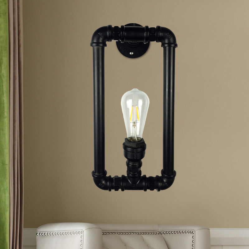 Antiqued Iron Rectangle Sconce Lighting - Coffee House Wall Mount Pipe Lamp Black