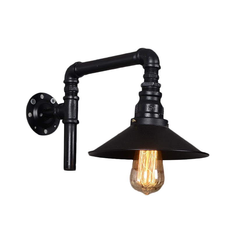Vintage Black Iron Sconce With Flared Bulb And Right Angle Arm For Restaurant Wall Mount